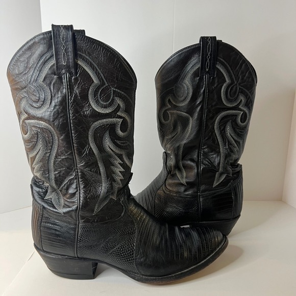 Tony Lama Lizard Print Cowboy Boots Black Leather Western Mens Size 11.5D Flaw